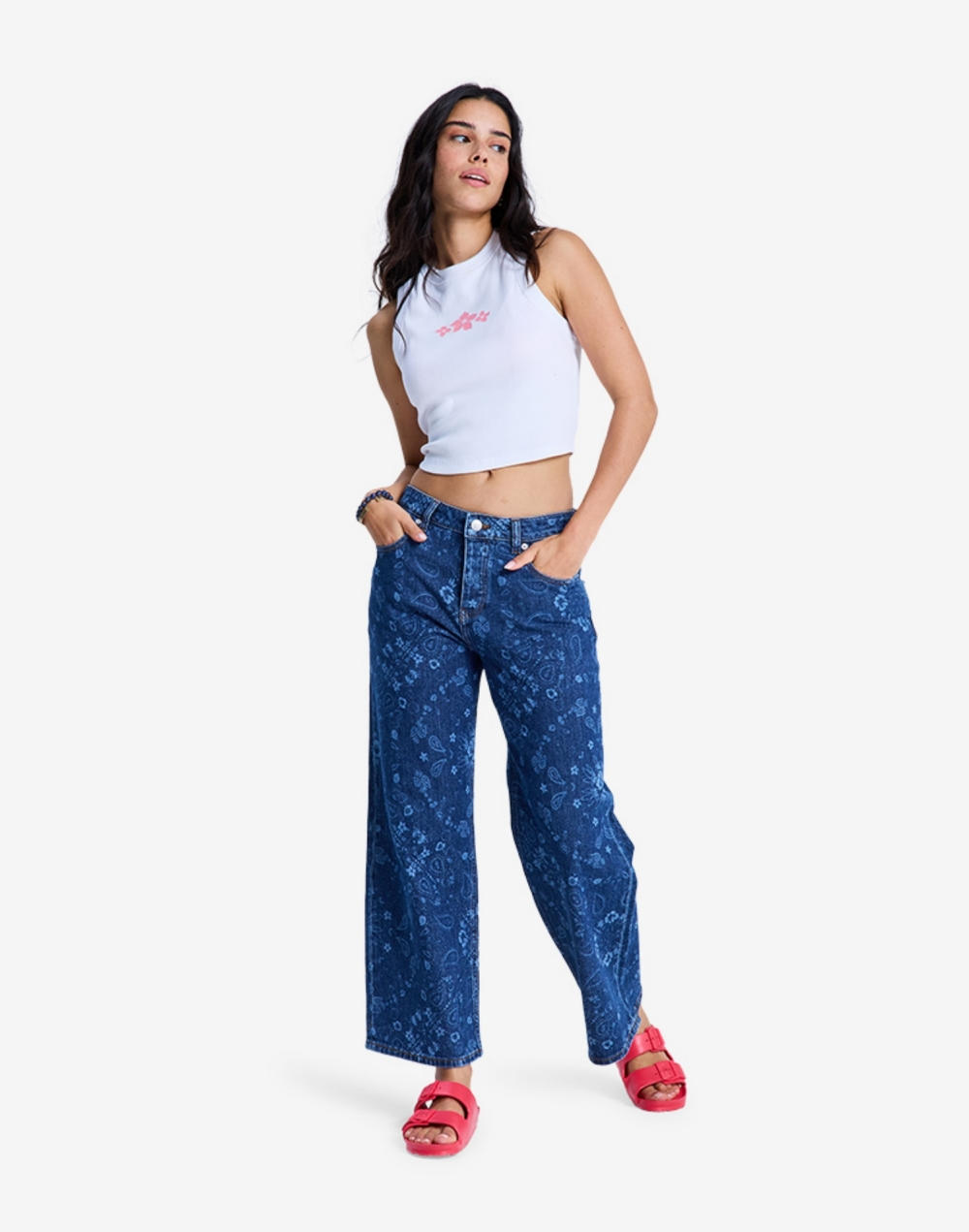 록시 BOOGIE NIGHT MID OCEAN BLUE 와이드 크롭 데님 팬츠 (RG11DN005BTA)